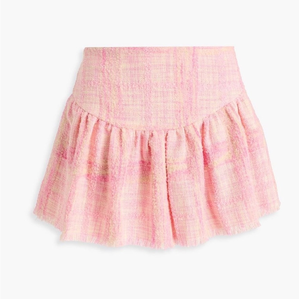 LoveShackFancy Pink Tweed Mini Skirt Wool Blend Pleated Fringe Hem Size 4